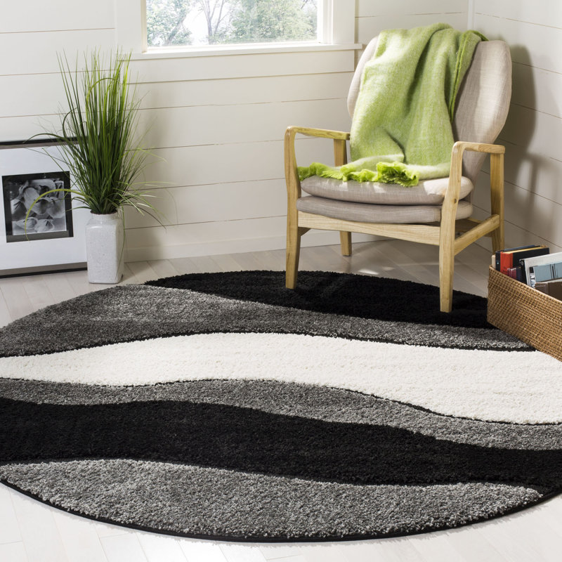 Ashal Abstract Gray/Black Area Rug, Round 4'