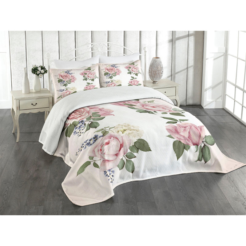 Queen Pink Floral Quilted Bedspread Set with Shams