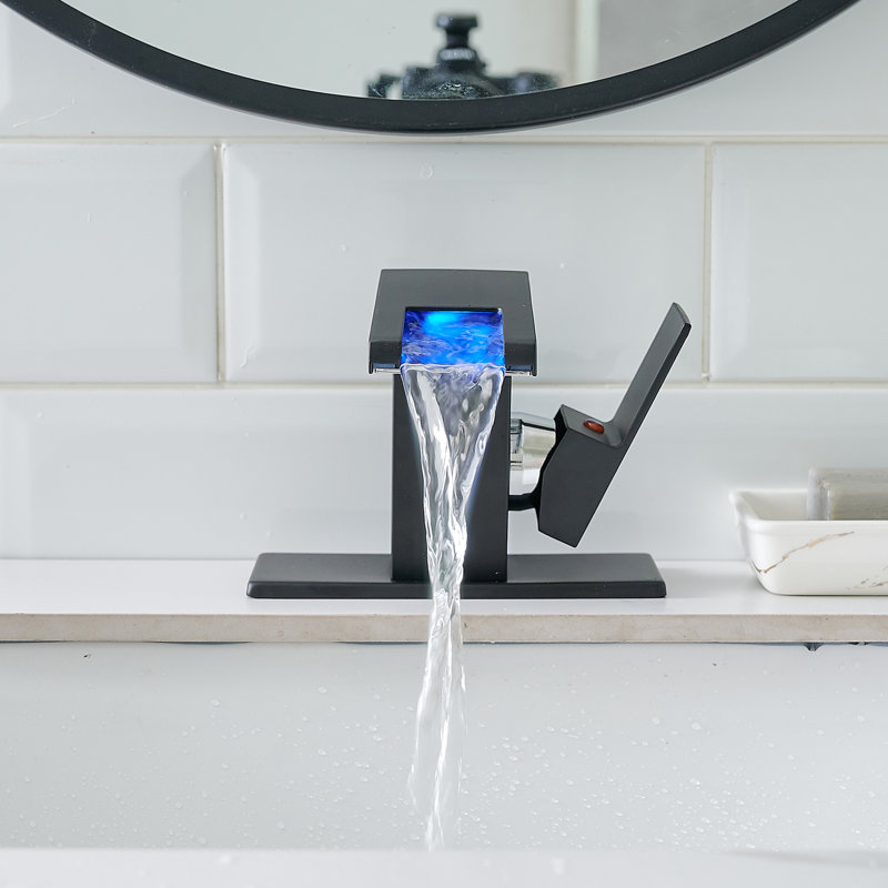 Led Bathroom Basin Faucet With 3 Color-Changing Waterfall Spout, Deck Mounted, Single Handle, Hot Cold Water Mixer, Black Lavatory Tap Sink Led, Colors Changing