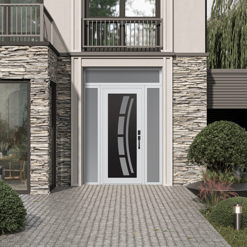 C12 C12 X 96 po Panneau en acier noir et blanc et verre givré blanc avec 2 panneaux latéraux et porte d'entrée avant en verre givré avec traverse