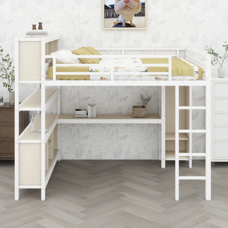Lit mezzanine robuste avec aménagement multifonctionnel - comprend une armoire, un bureau et des tablettes ouvertes