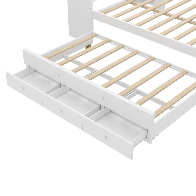 Full Size Wood Daybed with Trundle, Storage Drawers, Side Shelves and Desk, Sturdy Day Bed Frame, No Box Spring Needed for Home Bedroom