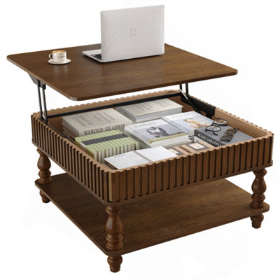 31.5" Square Fluted Lift-Top Coffee Table with Hydraulic Lift, Hidden & Open Storage, Retro Solid Wood Legs