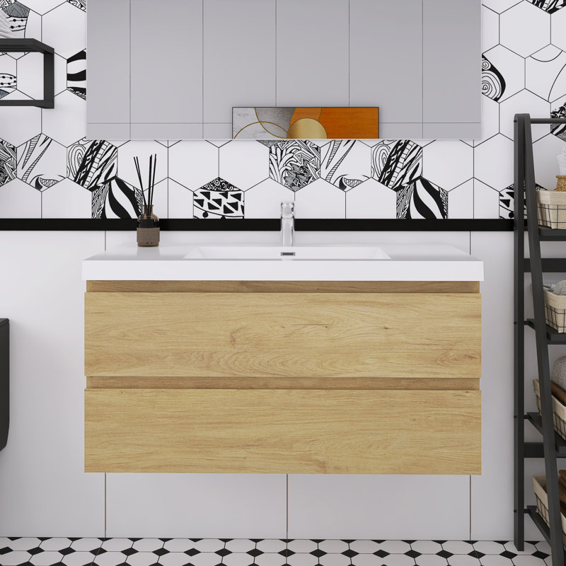 Meuble-lavabo mural simple avec plateau en résine, 42", Chêne naturel
