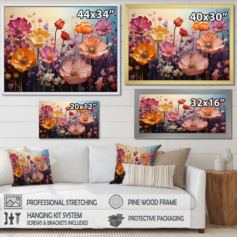 Fleurs éternelles mauves, fleurs jaunes et éternelles - impression sur toile florale, 12" H x 20" W, Cadre flottant doré