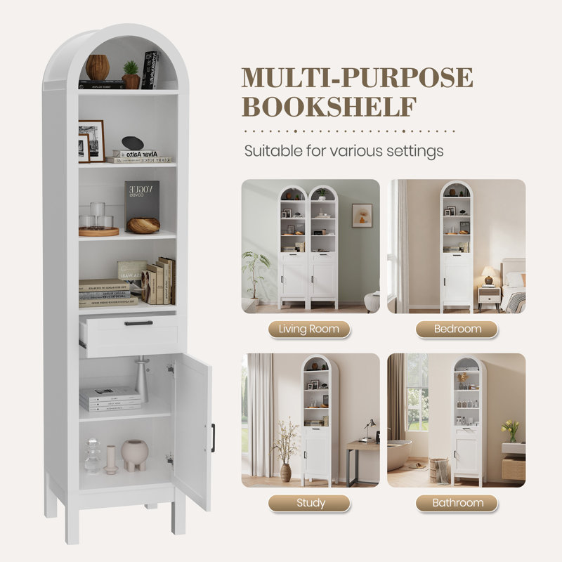 70" Arched Bookcase With Drawer And Cabinet, 6-tier Tall Bookshelf With Adjustable Shelf And Open Display Storage, Modern Wood Bookcase For Living Room Or Office (white)