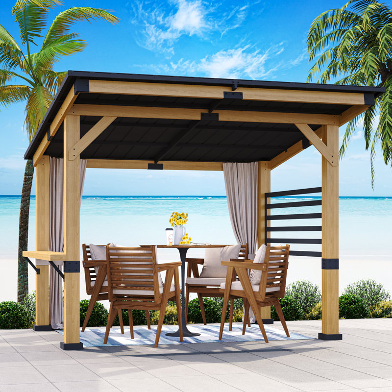 11 Ft X 10 Ft. Reinforced Wooden Hardtop Gazebo Patio Yard Shade with Privacy Curtains and Solid Wood Bartop