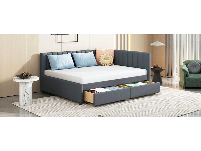 Full Size Upholstered Daybed With 2 Storage Drawers Sofa Bed Frame No Box Spring Needed, Linen Fabric, Gray
