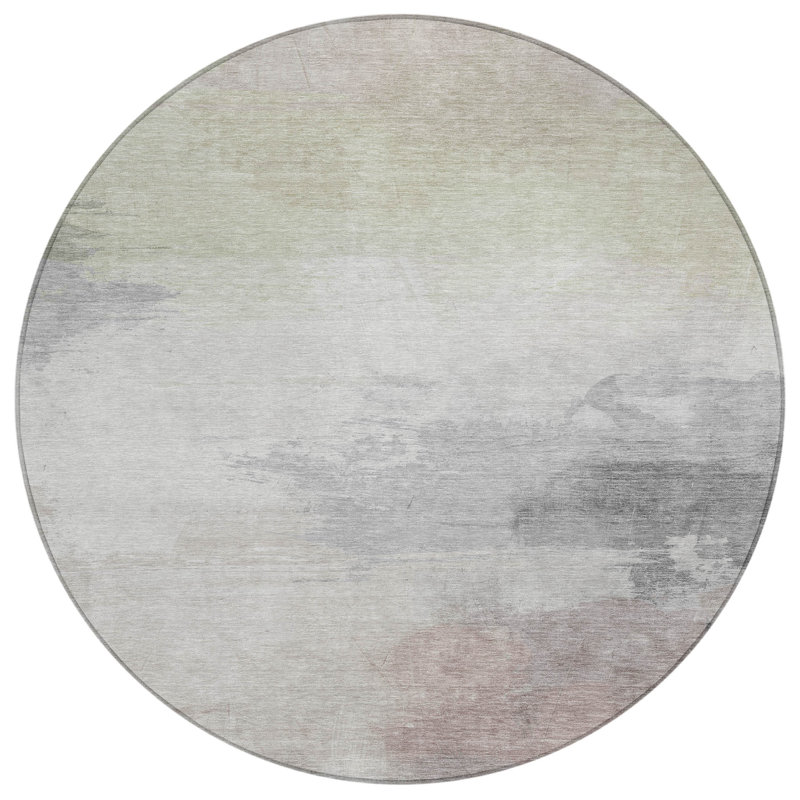 Round 8' Gray and Beige Synthetic Washable Rug