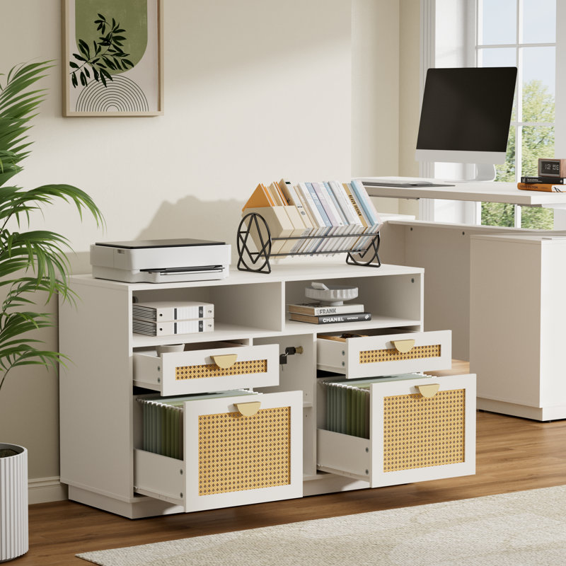 41.3"W White Rattan - 4 Drawer Loking Wood Lateral File Cabinet With Power Strip And Storage Shelves For Home Office - A4/Letter Size