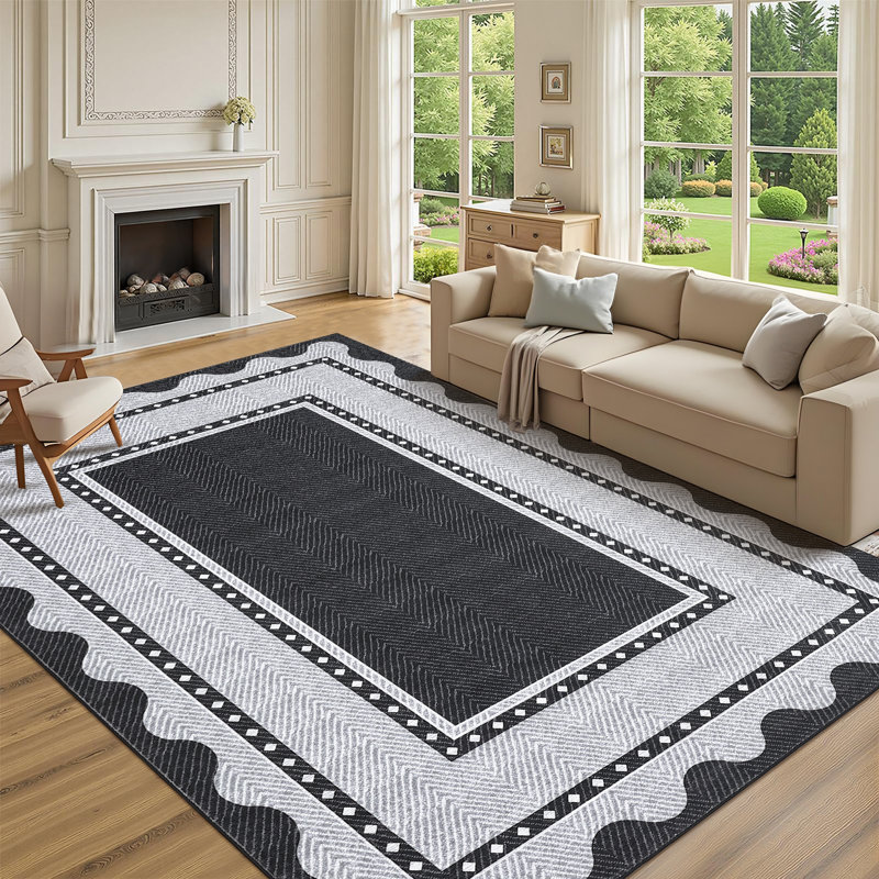 Washable Scalloped Area Rugs Living Room Rug Non Slip Stain-Resistant Rug for Bedroom Dining Room Home Office Linen, Black