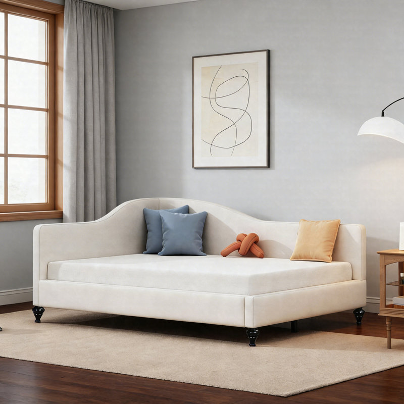 Full Size L-Shaped Linen Daybed With Solid Wood Legs – Modern Semi-Enclosed Sofa Bed, Beige, Full