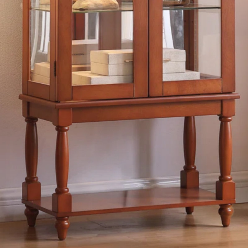 Walnut Coloured Antique Cabinet With Tempered Glass Door And Acrylic Mirror Back Panel, Traditional Display Storage For Living Room And Bedroom
