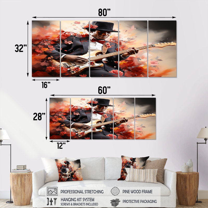 «African Jazz Musician II», ensemble de 5 décorations murales d'art afro-américain, H 32 po x l 80 po
