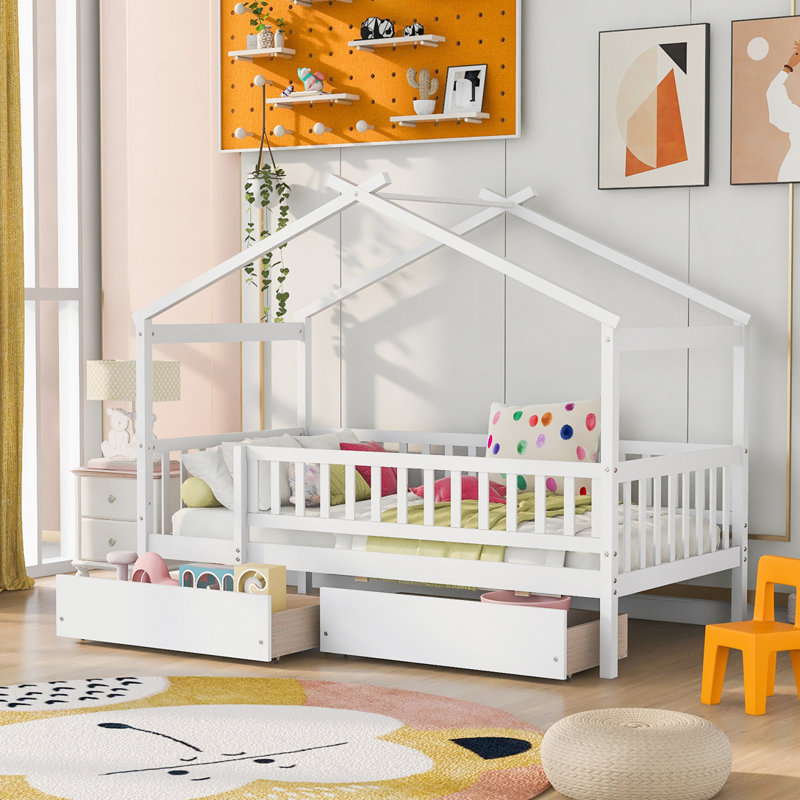 Lit en bois avec deux tiroirs, Simple, Blanc