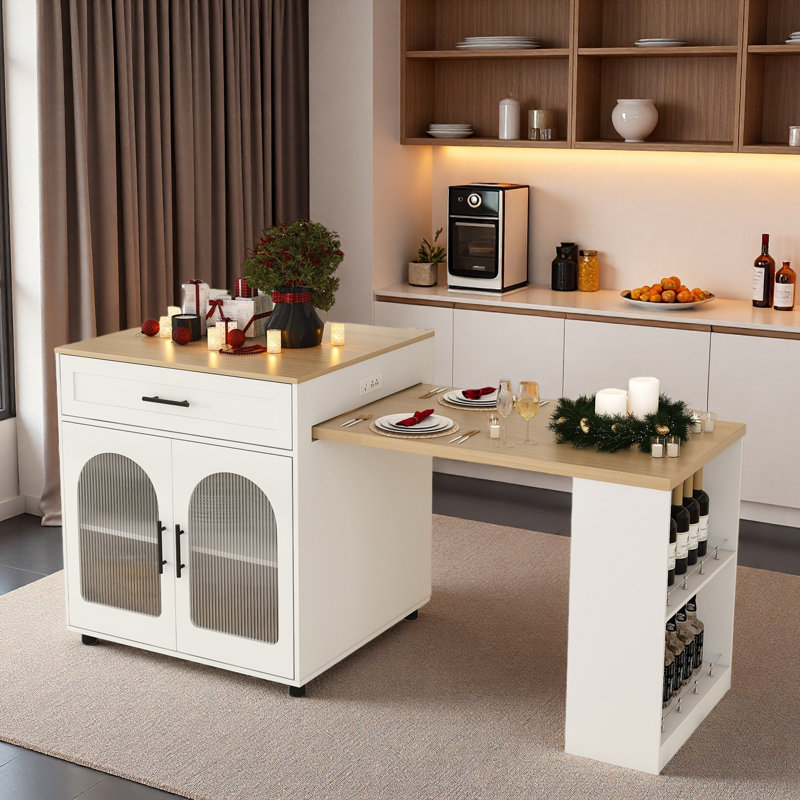 Îlot de cuisine extensible avec table de salle à manger, prise de courant, 2 tiroirs, tablettes ouvertes et roues mobiles