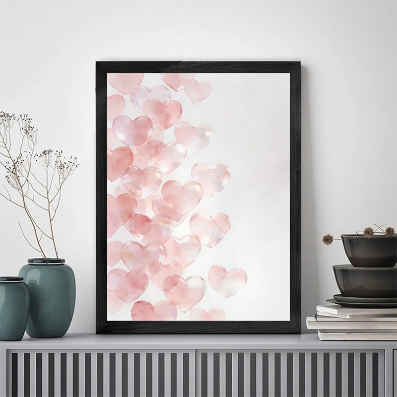 Aquarelle encadrée noire, ballons de cœur, impression amour, impression sur le thème de la Saint-Valentin, H 25 po x l 17 po