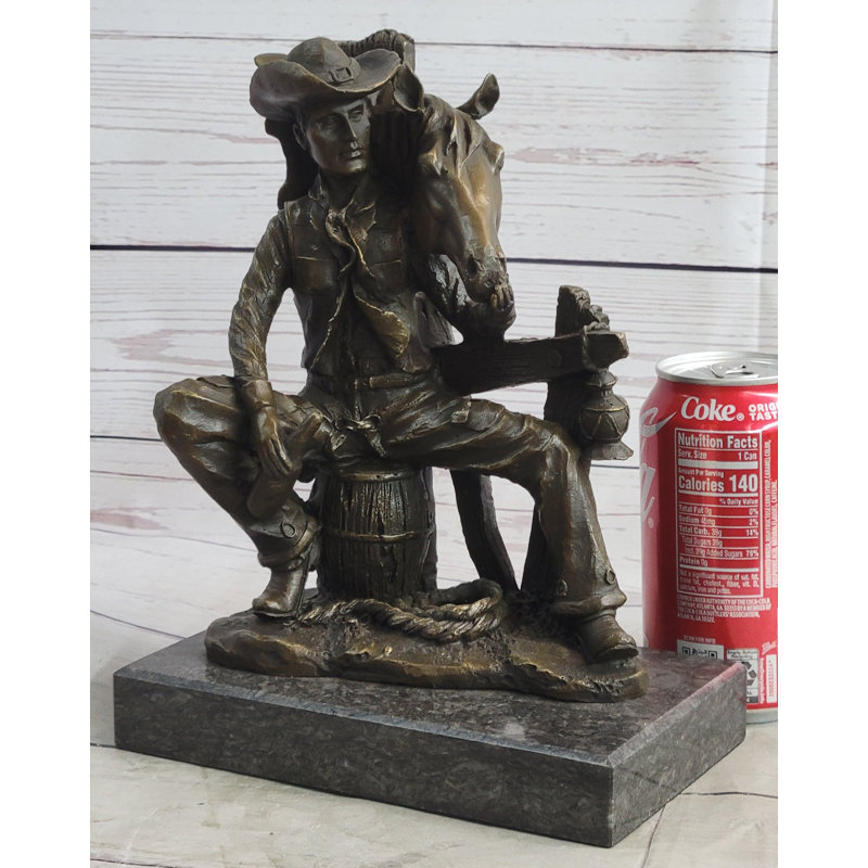 Cowboy & Horse Sitting Having a Drink Bronze Statue Sculpture Country Western