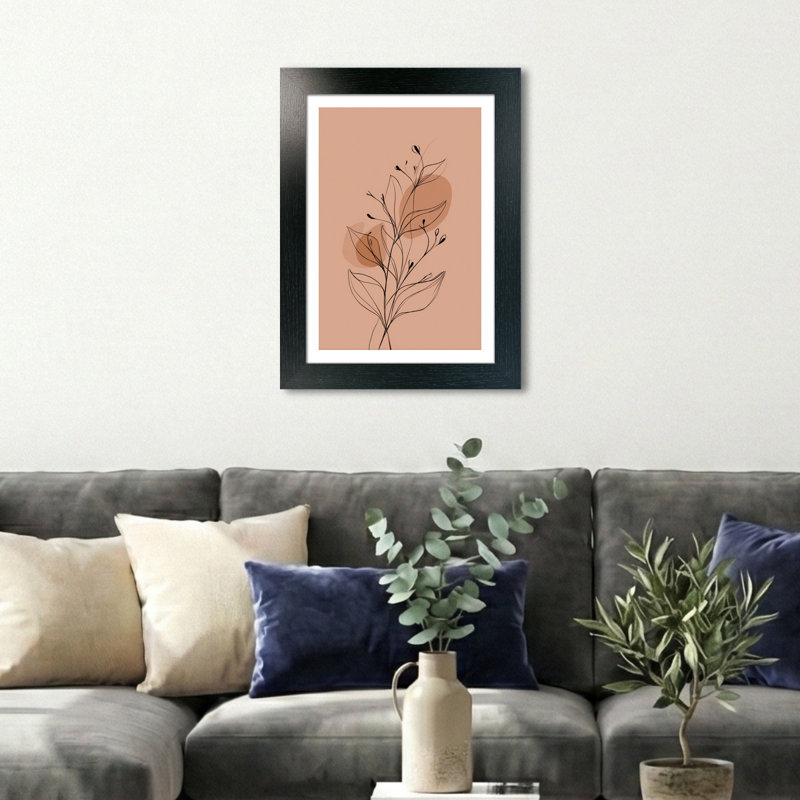 Scandinavian Nordic Botanical Linework Wall Art Home Decor, Giclee Art Print, Minimal Peach Terracotta Illustration with Black Ink Leaves 1 Piece Wall Art