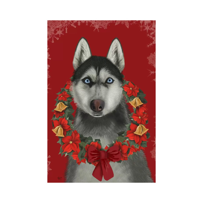 Husky And Poinsettia Wreath by Fab Funky - Wrapped Canvas Gallery-Wrapped Canvas Giclée, 20.32 cm H x 30.48 cm W