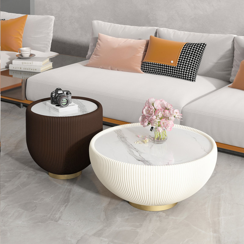 Table basse d'appoint moderne en cuir PU, Beige, H 14,96 po x L 29,53 po x l 29,53 po