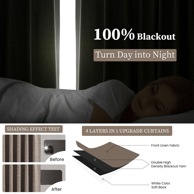 Pinch Pleated Curtains,Full Blackout Drapes Back Tab Pinch Pleat Curtain with Hooks+Rings, DarkFlax, 40" W x 96" L