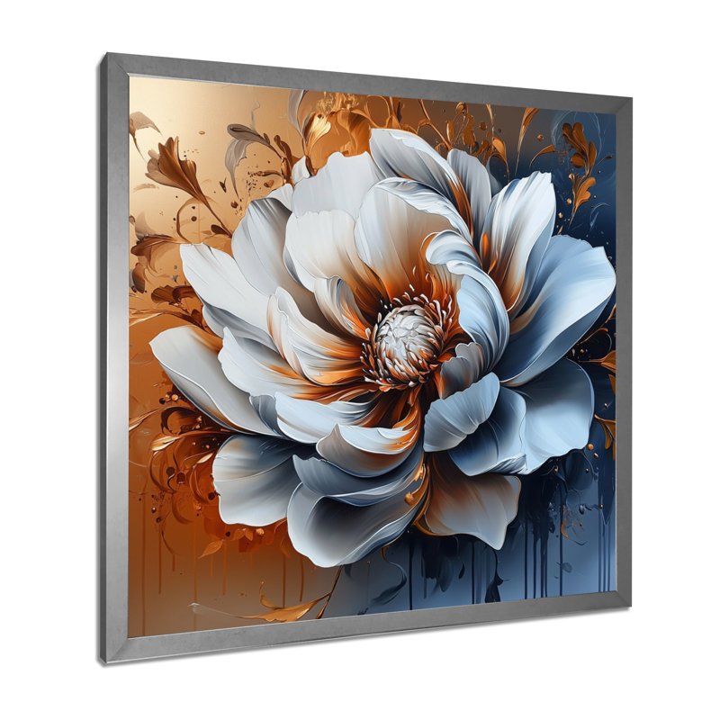 Fleur transitionnelle dorée abstraite I - art mural floral abstrait, H 30 po x l 30 po, Argent argent