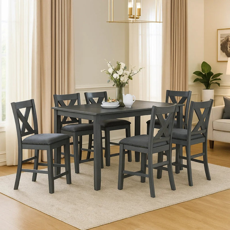 Carla 7Pc Counter-Height Dining Table And 6 Chairs Set, Gray Wood, 36" H x 60" W x 36" D