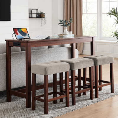 Table avec prises de courant CA, 3 tabourets rembourrés, bar 4 pièces pour la maison - construction en bois massif, plateau chauffant, tabourets en lin 59 po à économie d'espace et options de charge multiples, convient