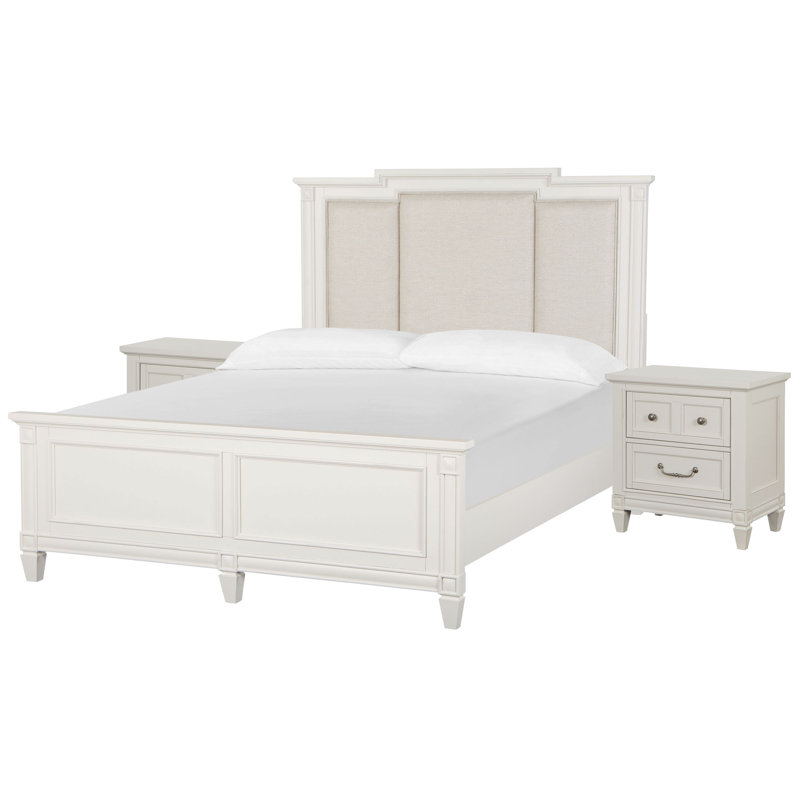 Très grand lit tapissier à panneau avec 2 tables de chevet, Ensemble de 3 pièces : lit, 2 tables de chevet, Très grand lit