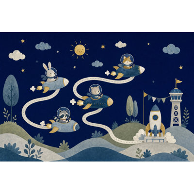 Kids Space Adventure Wallpaper Watercolor Illustration Animals In Rockets Removable Wall Decor