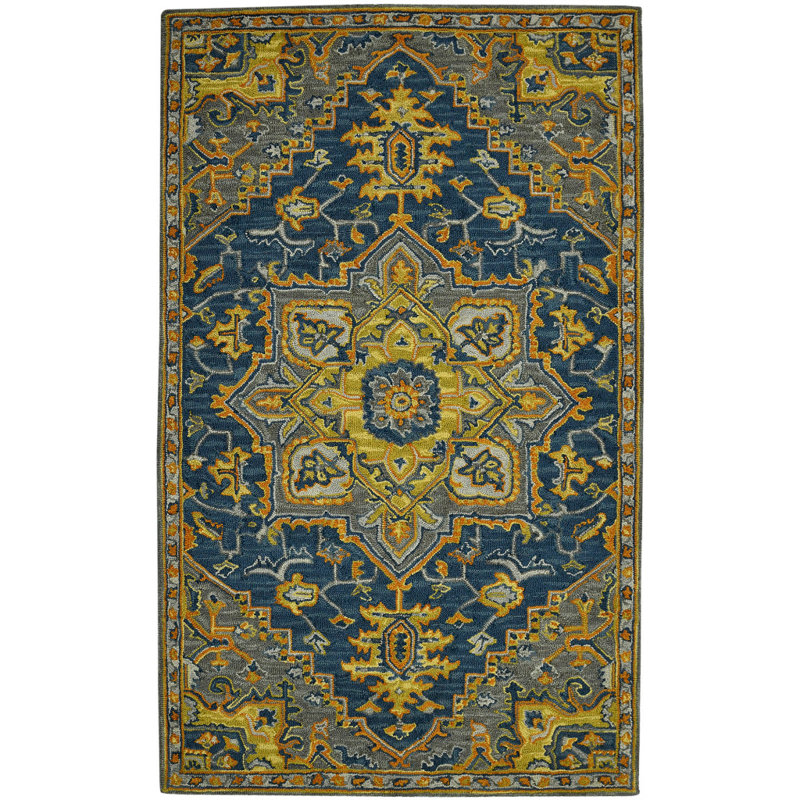 Tapis touffeté à la main 8 pi x 11 pi bleu gris et orange en médaillon en laine