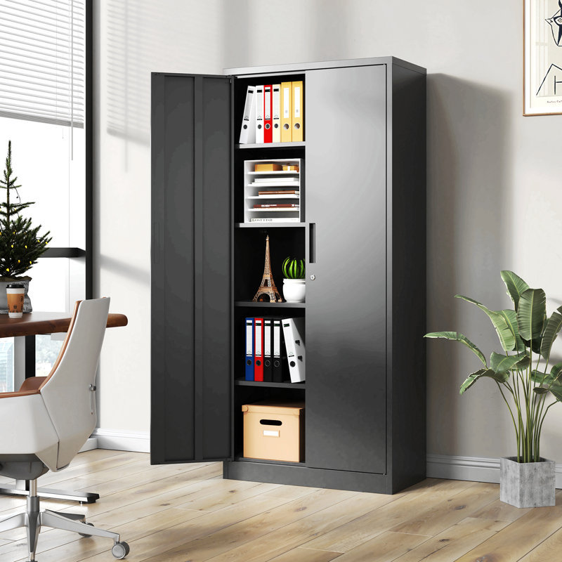 Armoire de rangement en métal pour le garage, armoire verrouillable en acier noir avec portes et tablettes, grands classeurs pour les systèmes de rangement de garage, classeur verrouillable pour le bureau personnel, salle de classe / garde-manger