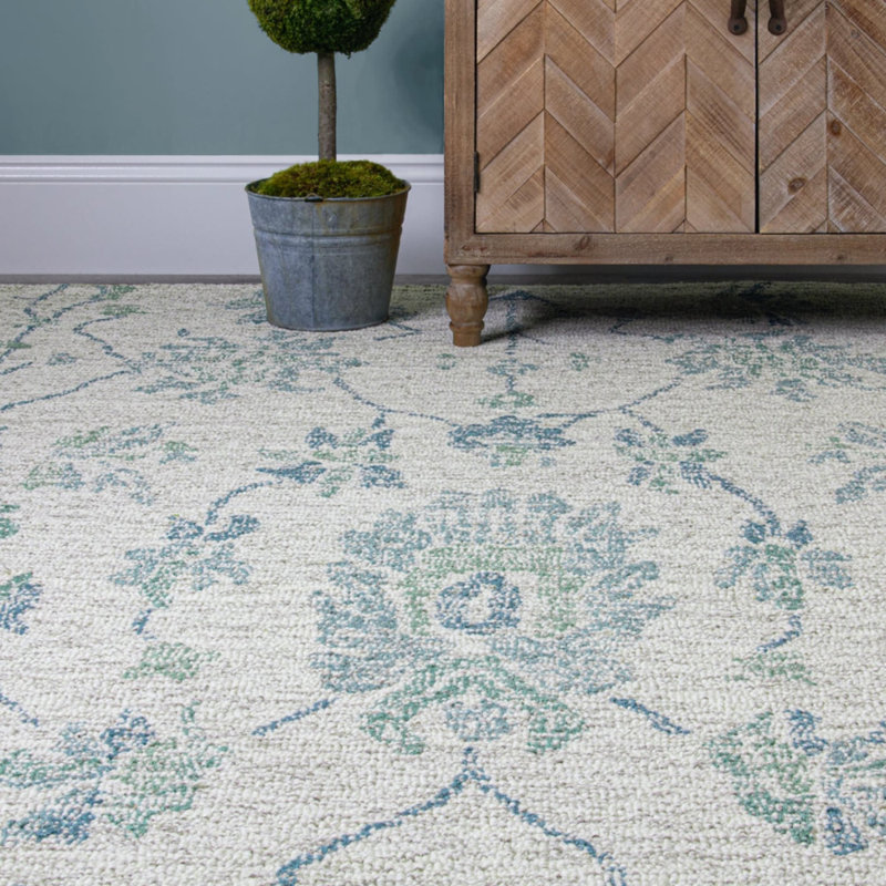 Caspar Floral Wool Blue Area Rug, Rectangle 7'6" x 9'6"