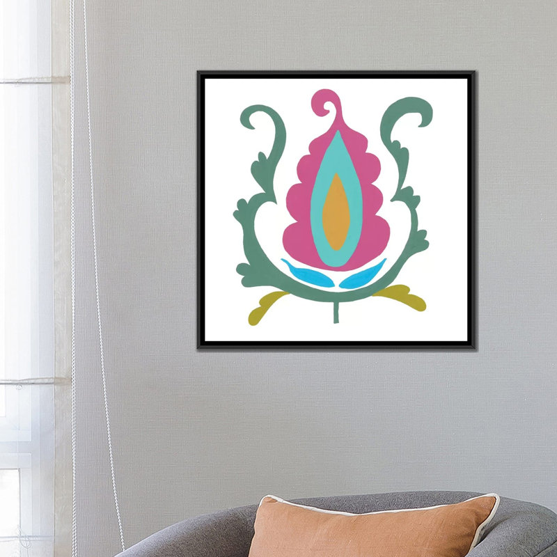« suzani fleur i », reproduction sur toile, H 18 po x l 18 po x P 1,5 po, Toile avec cadre noir, Pas de tapis