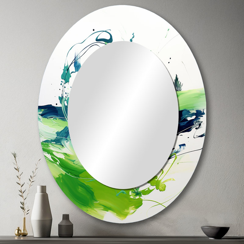 Blanc et vert abstrait à l'encre abstraite I - grand miroir mural ovale sur métal, 43 po x 33 po