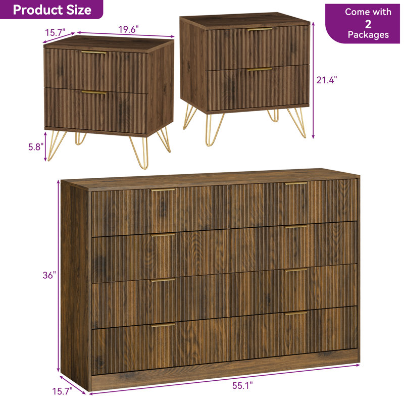 3PCS Dresser And Nightstand Sets For Bedroom, 55" Wide Fluted 8 Drawer Dresser & Nightstand Set Of 2, Walnut