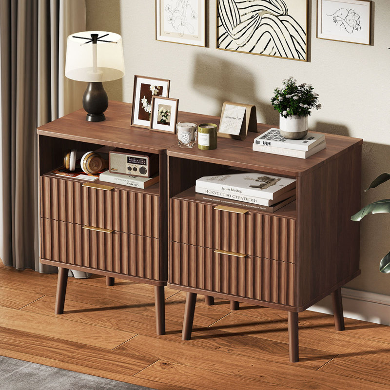 Fluted Nightstand Set of 2, 18" Modern Side Table, 2 Drawers End Table with Storage, Bedside for Bedroom, Living Room, Curved Profile Design