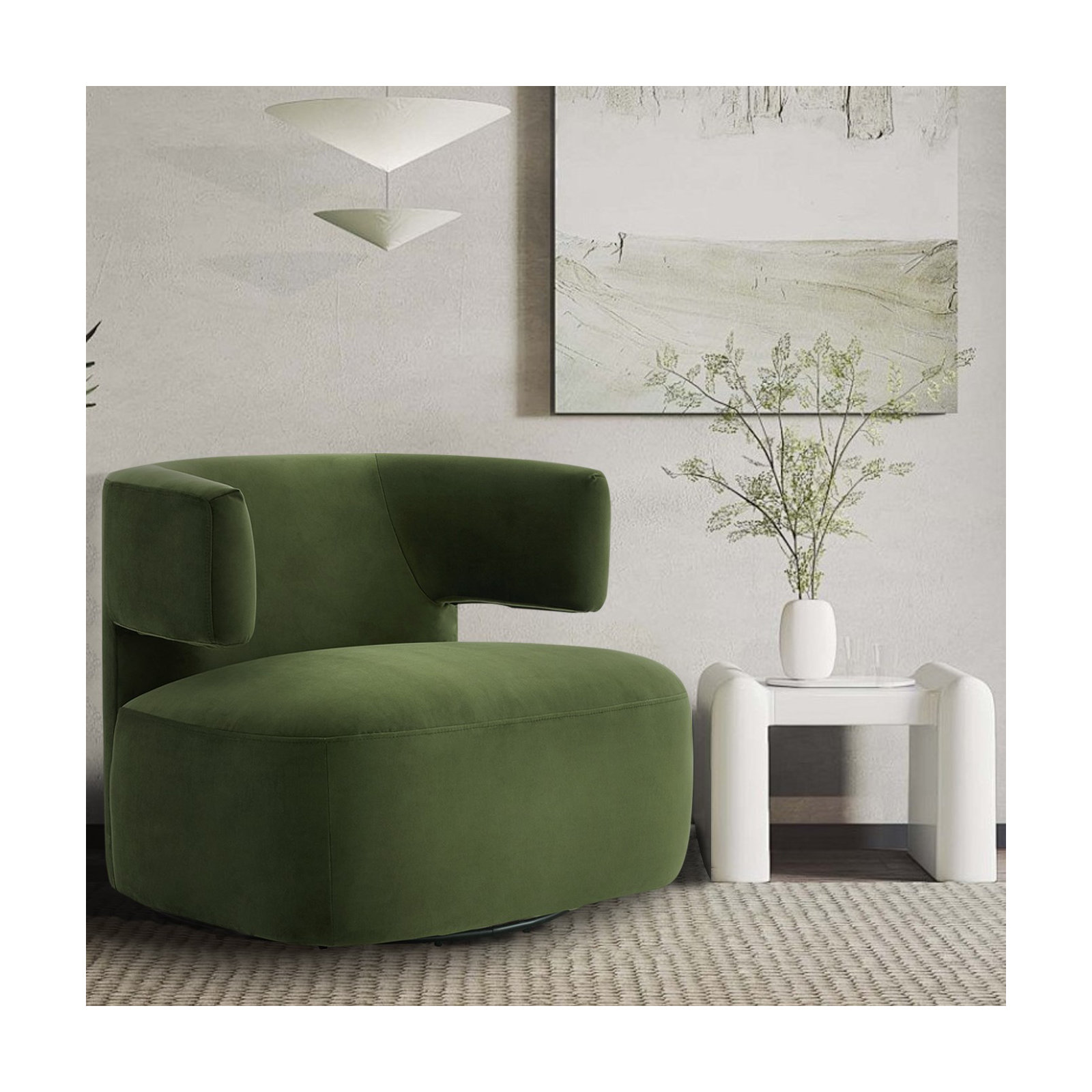 Bascom Upholstered Swivel Barrel Chair, Green Tweed