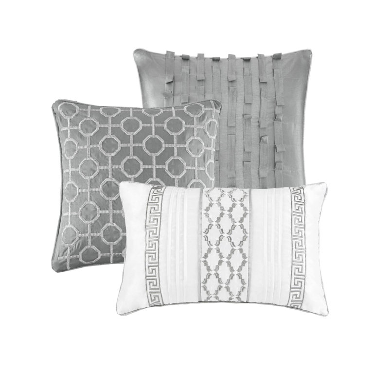Bennett 7 Piece Jacquard Comforter Set, King Comforter + 1 Bed Skirt + 2 Shams + 3 Decorat, Gray