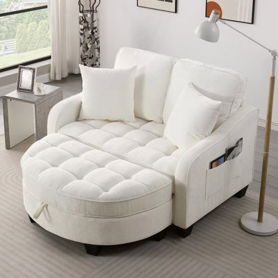 Two-seater sofa, double sofa chaise longue, with irregular armrests and backrests, footrest with storage space, comes with two small throw pillows, suitable for living room and bedroom - Beige