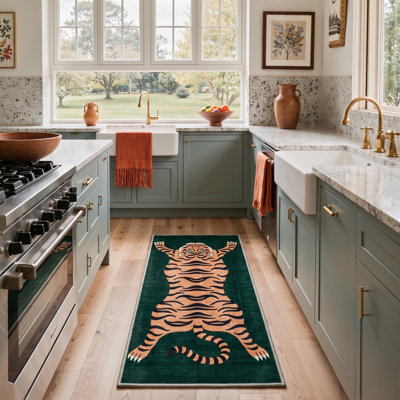 Tayviona Machine Washable Tiger Green / Orange Hallway Runner With Non-Slip Backing