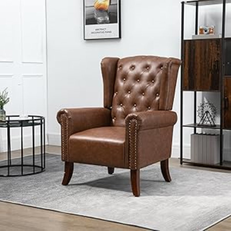 Dreggors Faux Leather Wingback Chair, Brown Faux Leather