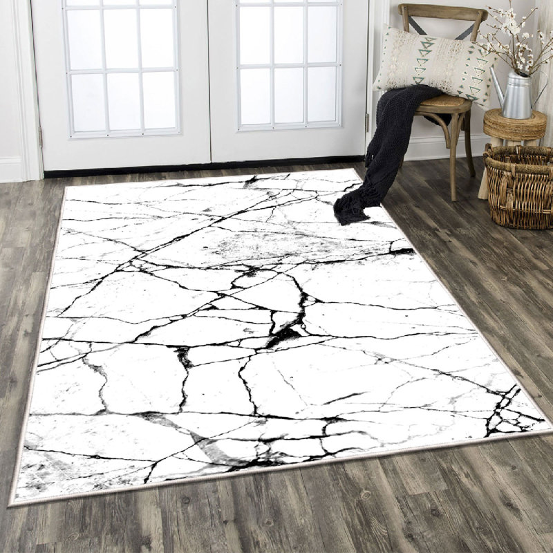 Antibacterial Cotton Area Rug, 2.6 x 6.6 Feet | 100% Cotton, 1200 g/m², 0.4 in Pile Height, Non-Slip PVC Underside | Machine Washable, Elegant White & Black Design | Perfect for Living Room & Bedroom Decor