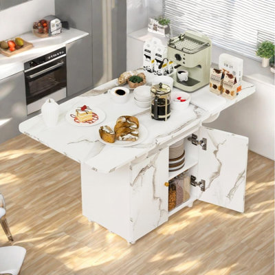 Folding Dining Table With 6 Wheels, Storage Rack,cabinet And Marble Texture