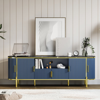 Modern Luxury 70" TV Stand for TV Up to 80" – Fluted Design, Faux Marble Top, Curved Sliding Doors, Adjustable Shelves, Gold Accents, Cable Management – Entertainment Center – Blue