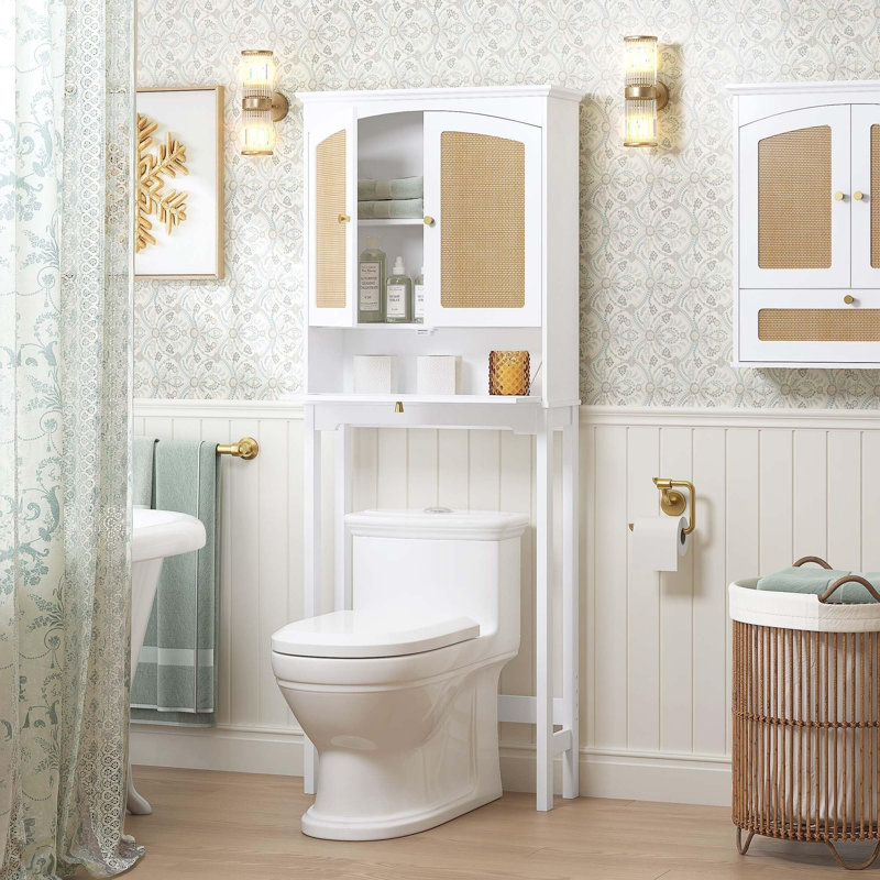 Armoire de rangement au-dessus de la toilette avec portes en rotin, organisateur de salle de bain au-dessus de la toilette avec cube inclinable et tablette réglable, rangement pour salle de bain blanc