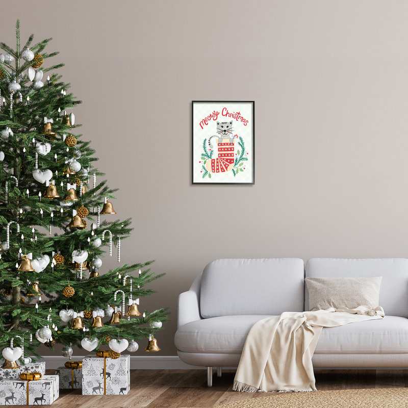 Meowy Christmas Clever Cat Nestled, H 20 po x l 16 po x P 1,5 po, Giclée encadrée noir minuit