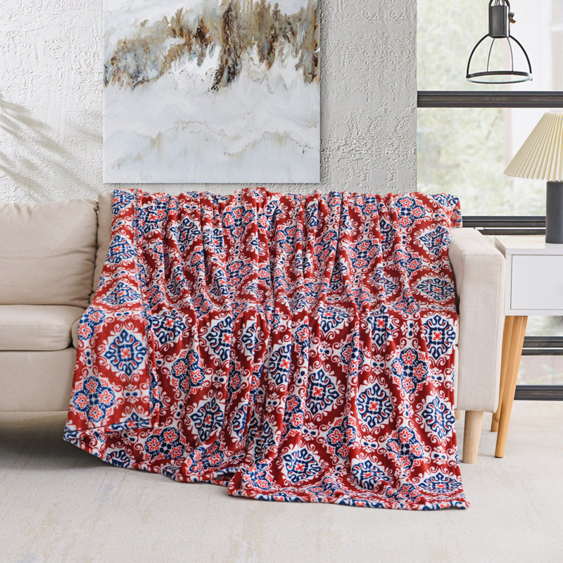 Couverture en peluche imprimée, Double / Grand, Rouge, Damas