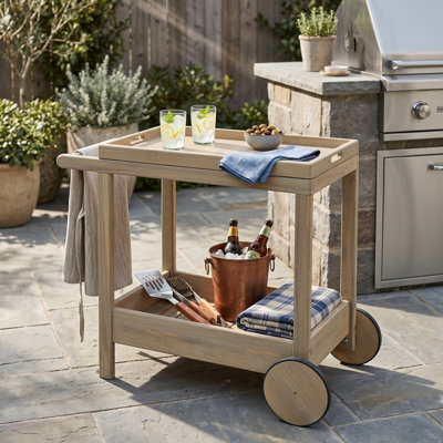 35.83" Acacia Wood Outdoor Rolling Bar Cart with Handle, Natural